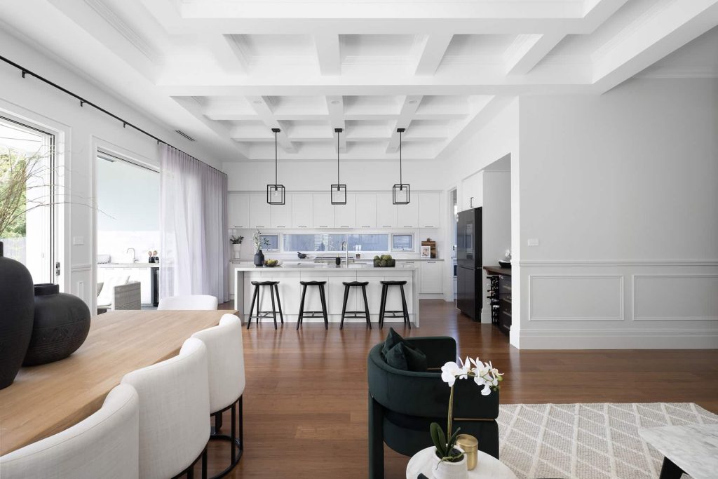 Coffered Ceiling with Matching Paneling and White Chair Rail