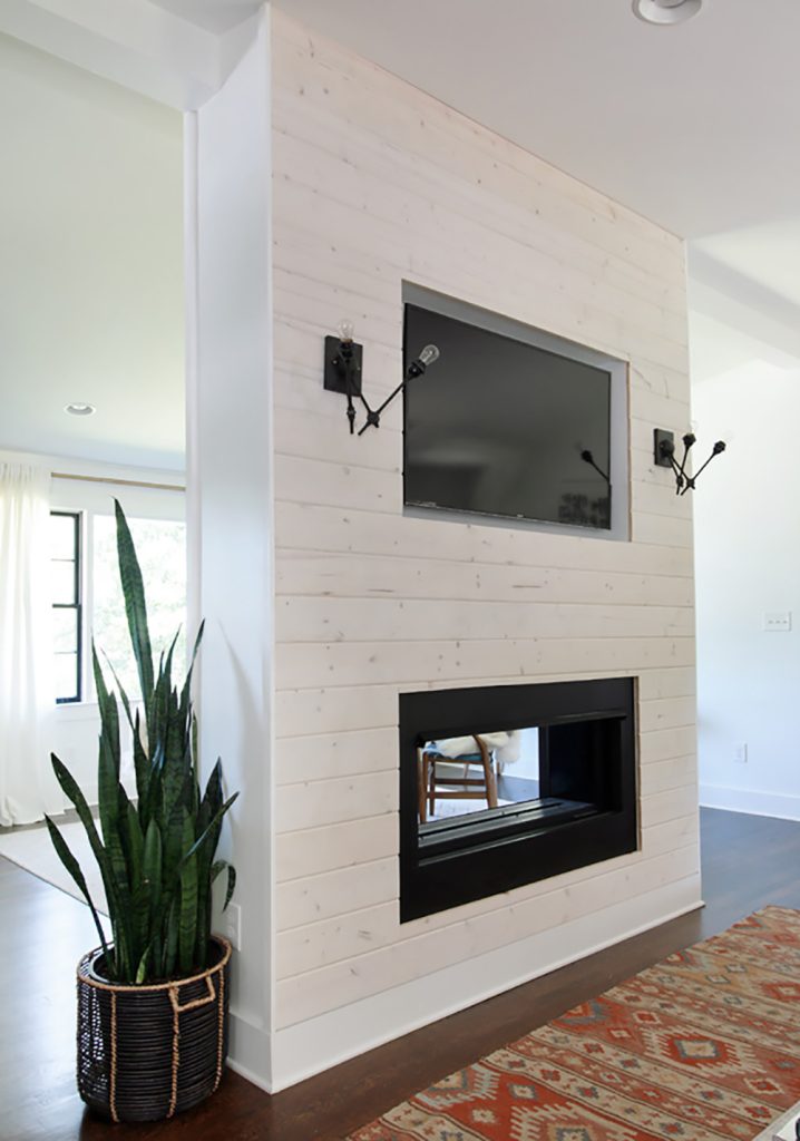 DIY Planked Mantle And White Brick Fireplace