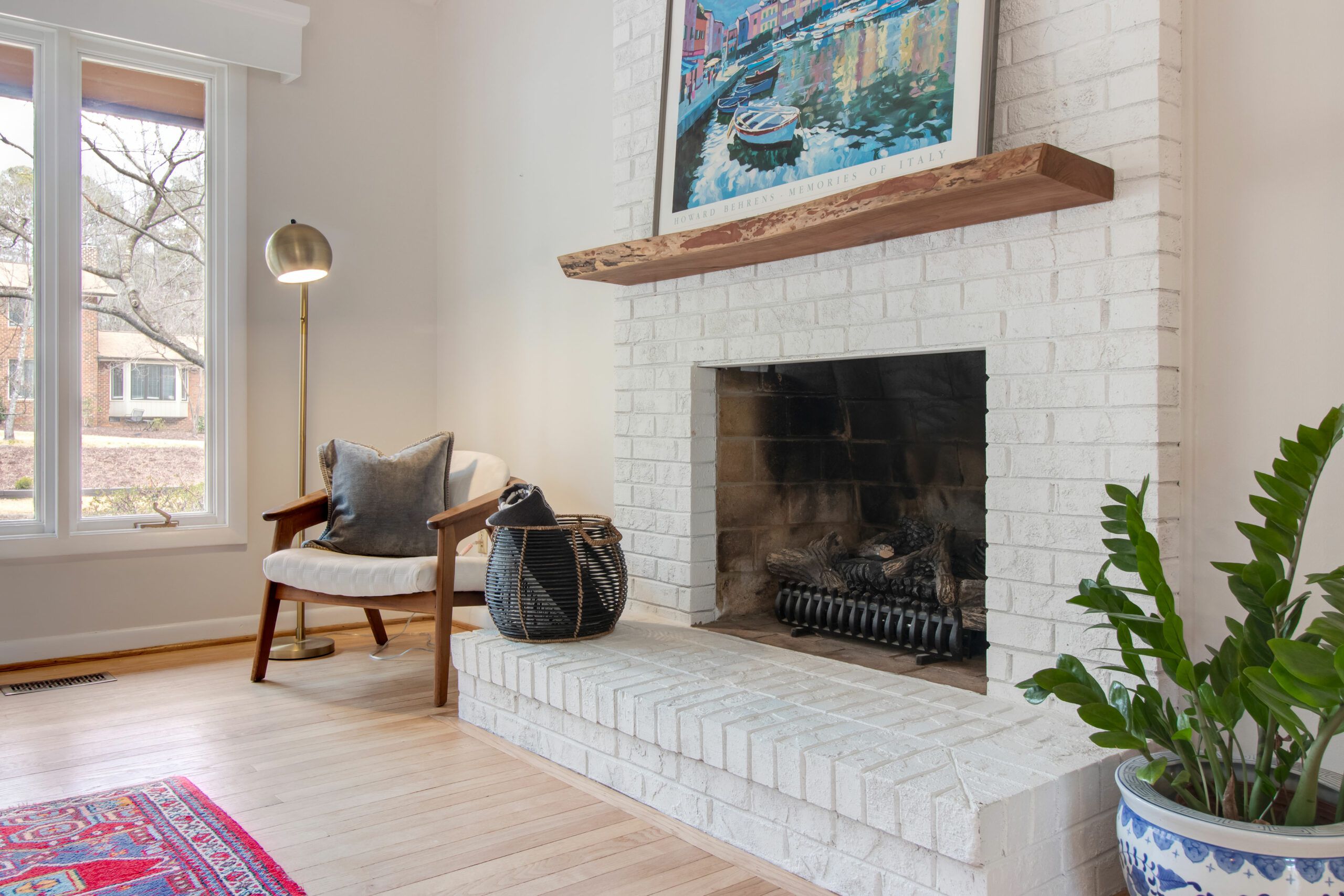 Limewash Brick Fireplace for Living Room
