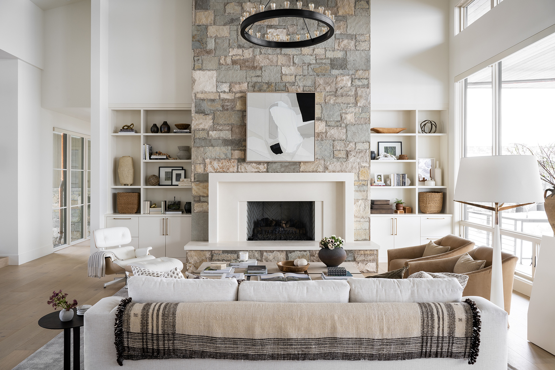 Living Room with Tall Brick Fireplace