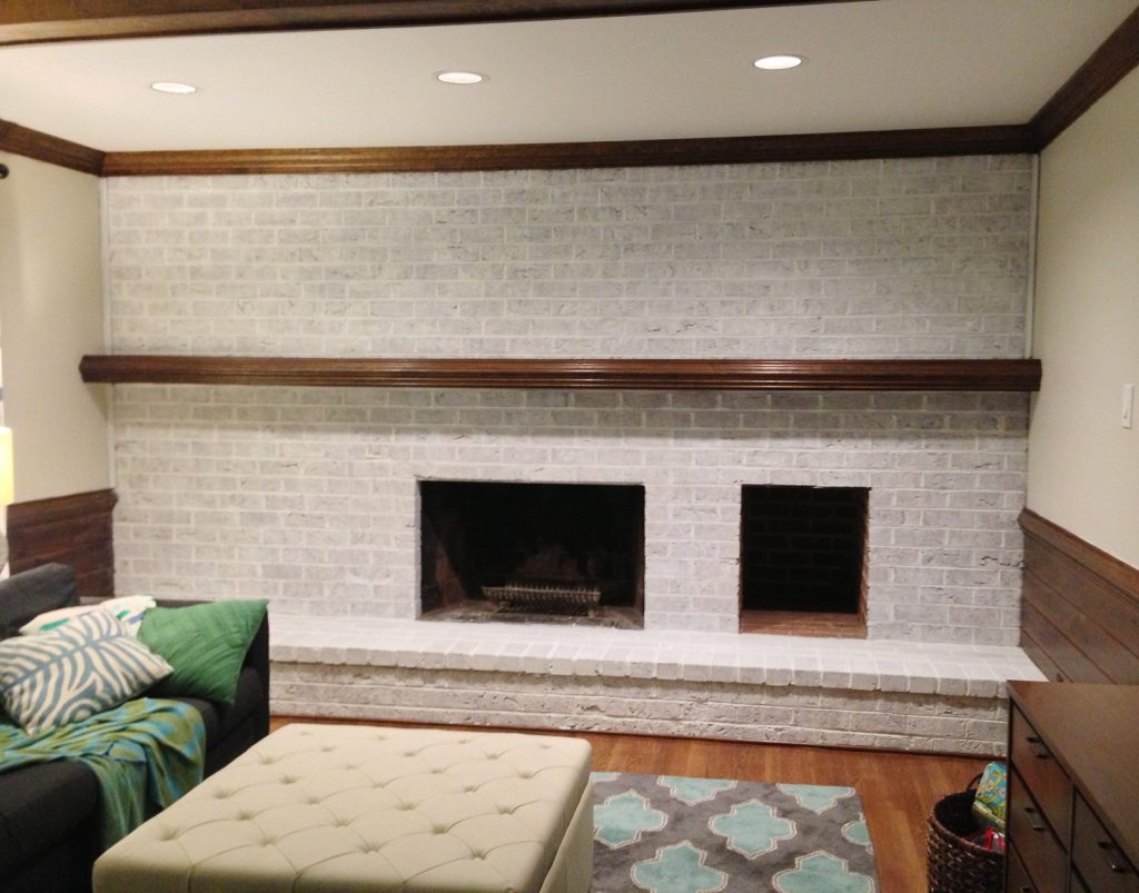 Living Room with White Chalk Paint Brick Fireplace