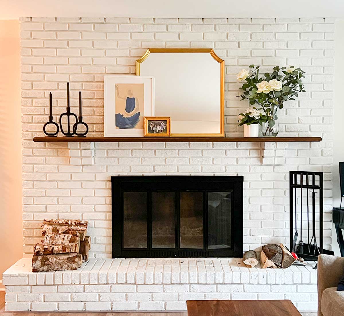 White Brick Fireplace with Mirror