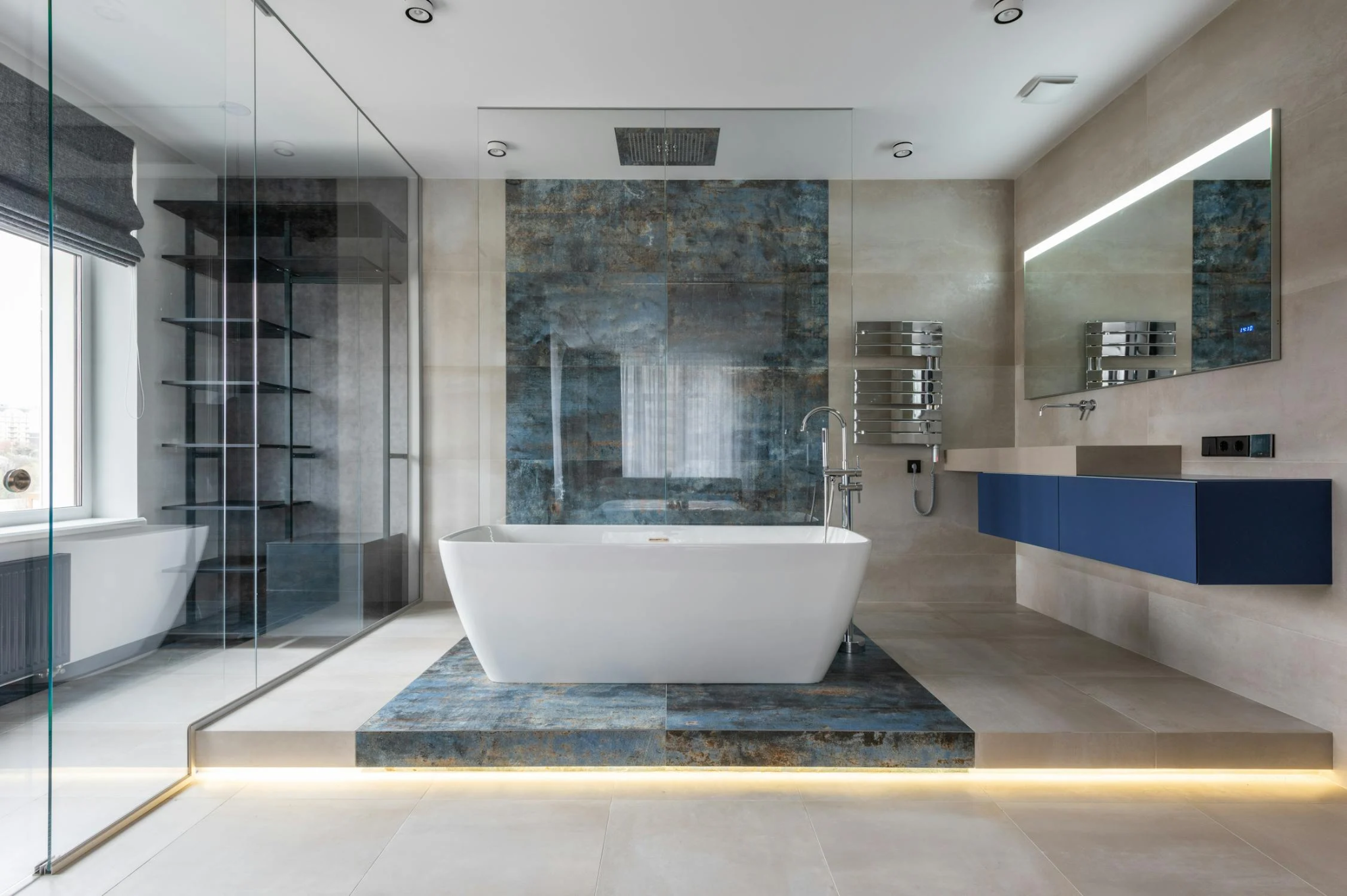 Modern bathroom interior with a freestanding tub 