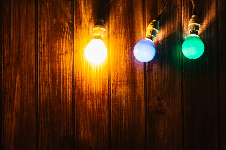 three colorful light bulbs