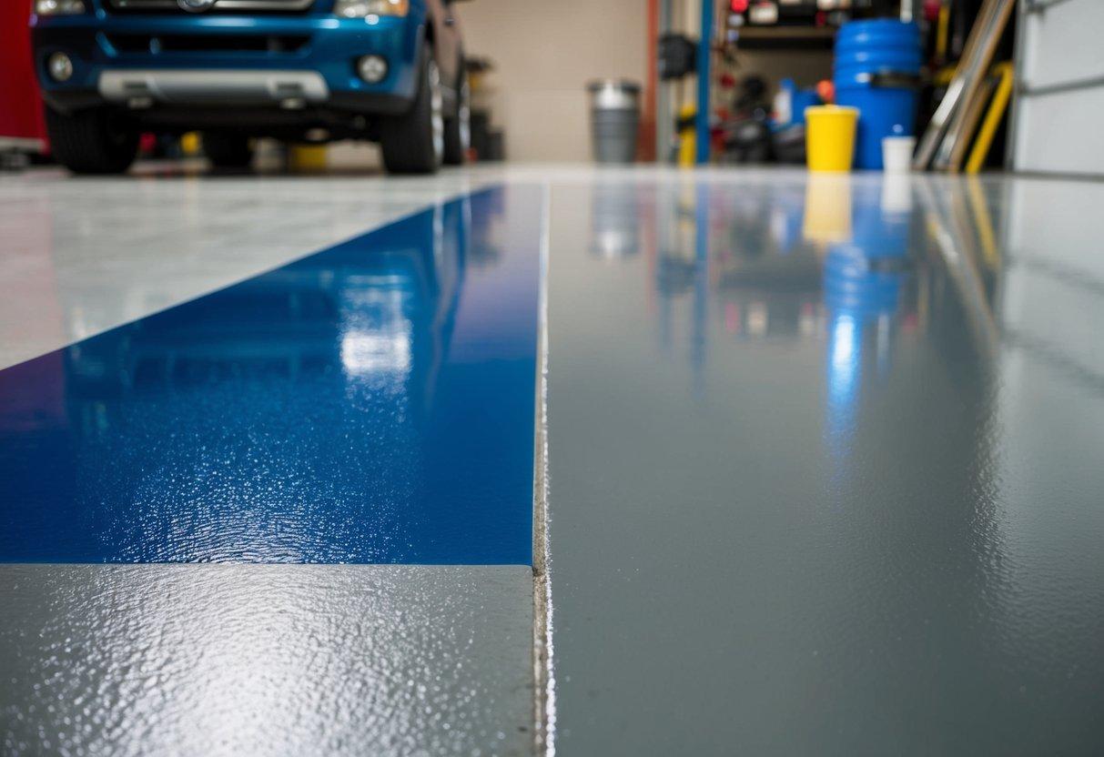 A garage floor split in half, one side coated in polyurea, the other in epoxy. Clear differences in durability and appearance