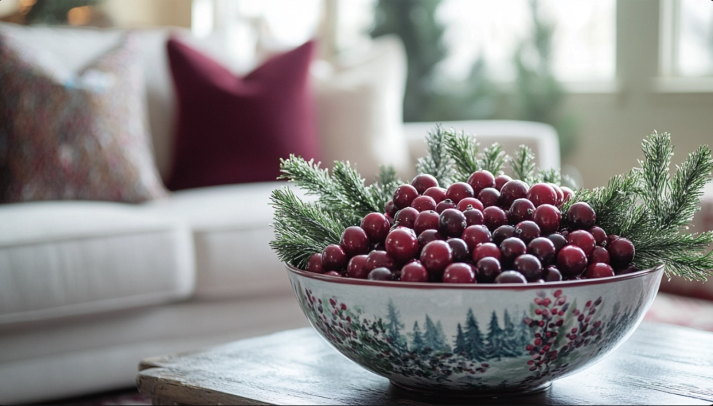 Festive Bowl of Faux Cranberries and Greenery