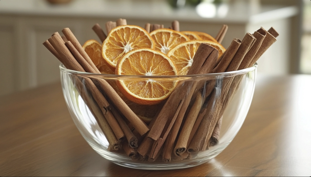 Glass Bowl with Cinnamon Sticks and Dried Orange Slices