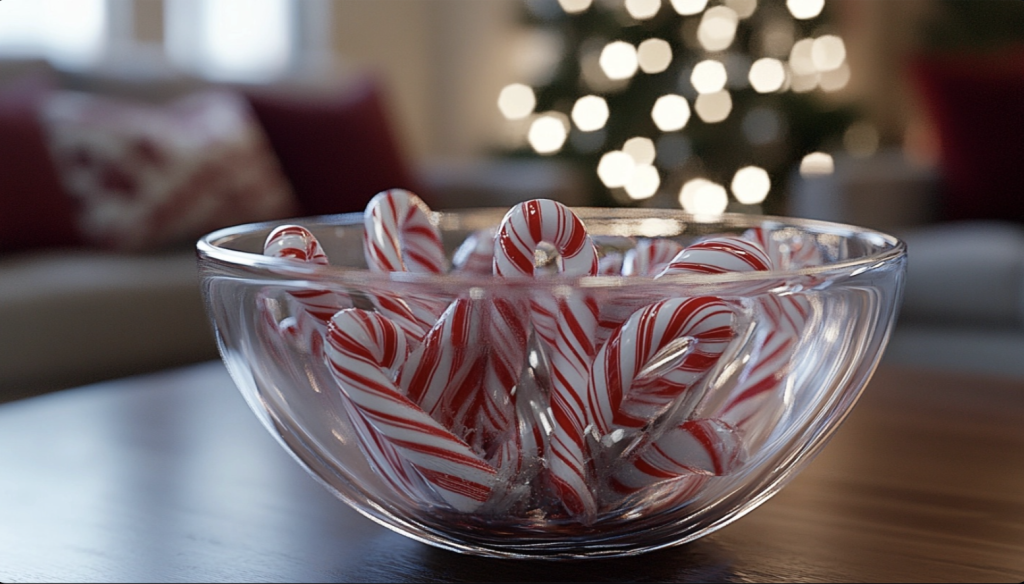 Transparent Bowl with Candy Canes and Peppermints