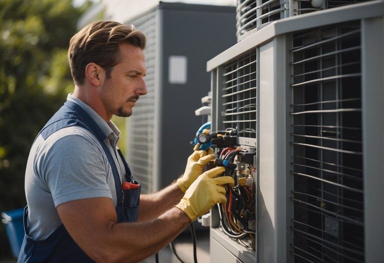 A technician performing routine maintenance on an air conditioning unit, cleaning coils and checking refrigerant levels. Tools and equipment scattered around