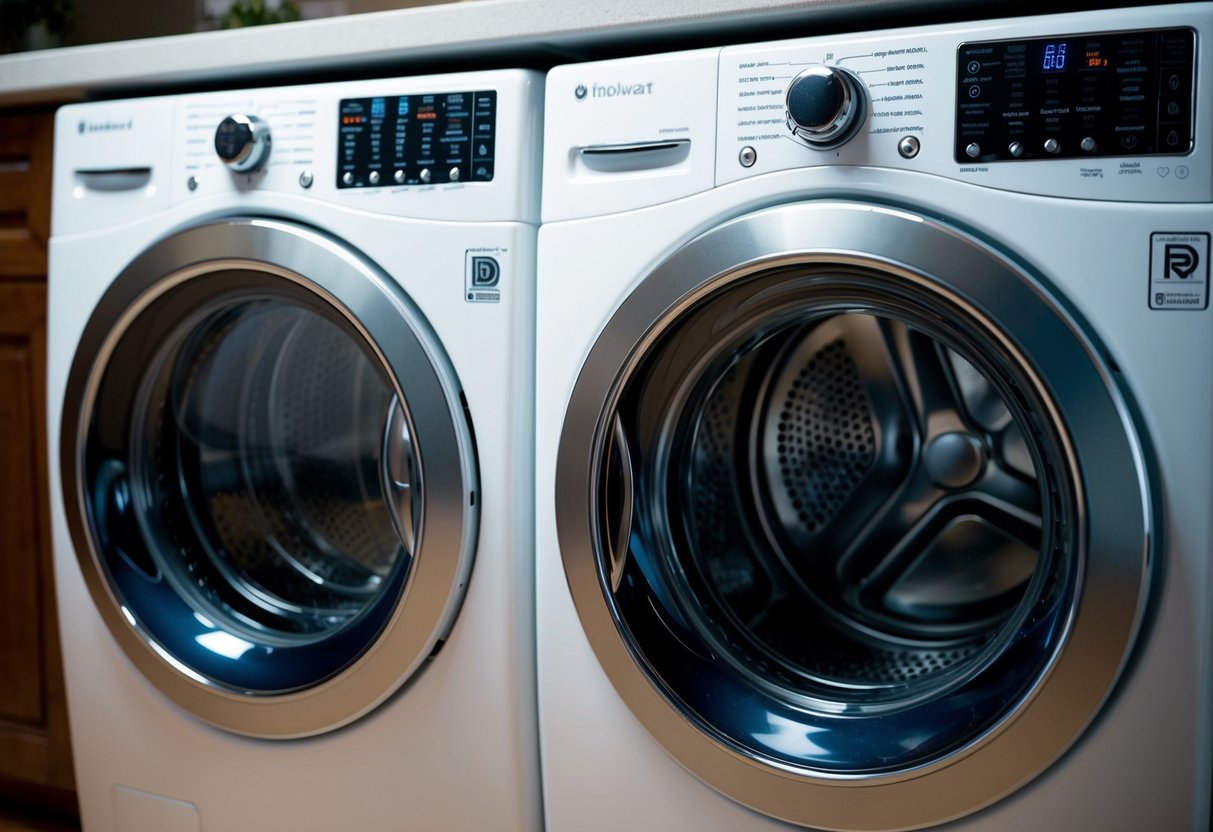 A washer and dryer with various cycle settings displayed, including options for delicate, heavy-duty, quick wash, and more