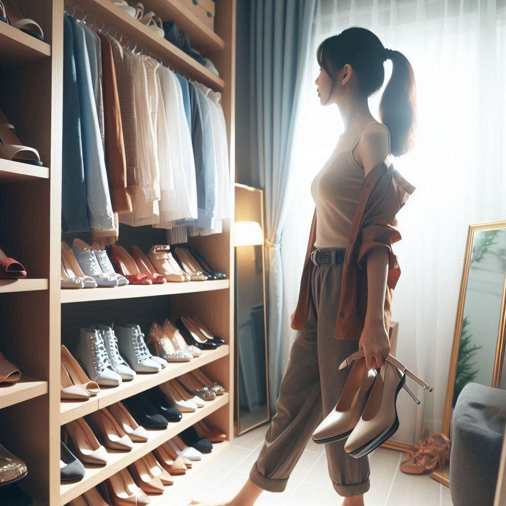 stylish person gazes into the shoe closet of their dreams