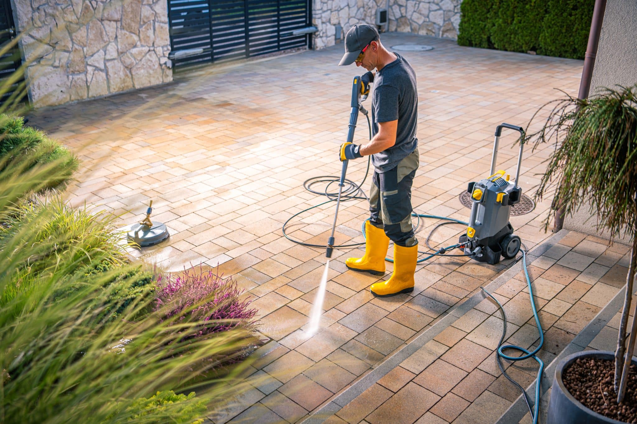 A man in yellow rubber boots operates a pressure washer to clean the patio stones in a garden. Lush greenery surrounds the area on a sunny day.