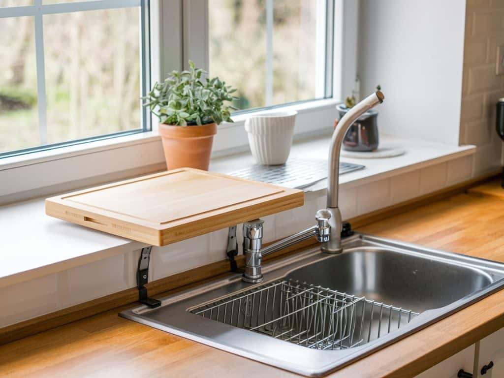 A cutting board that extends over the sink for functionality