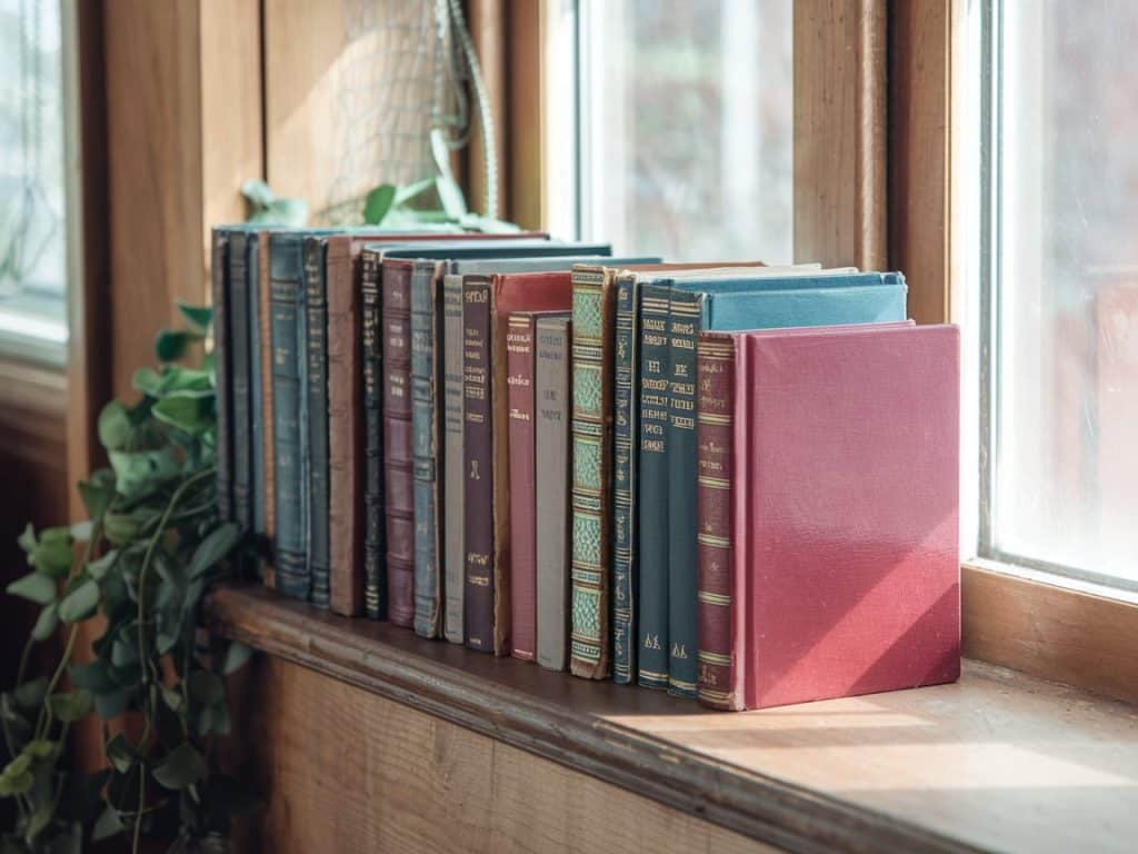 A row of antique or vintage books with pretty covers