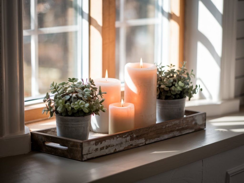 A rustic wooden tray with candles and greenery