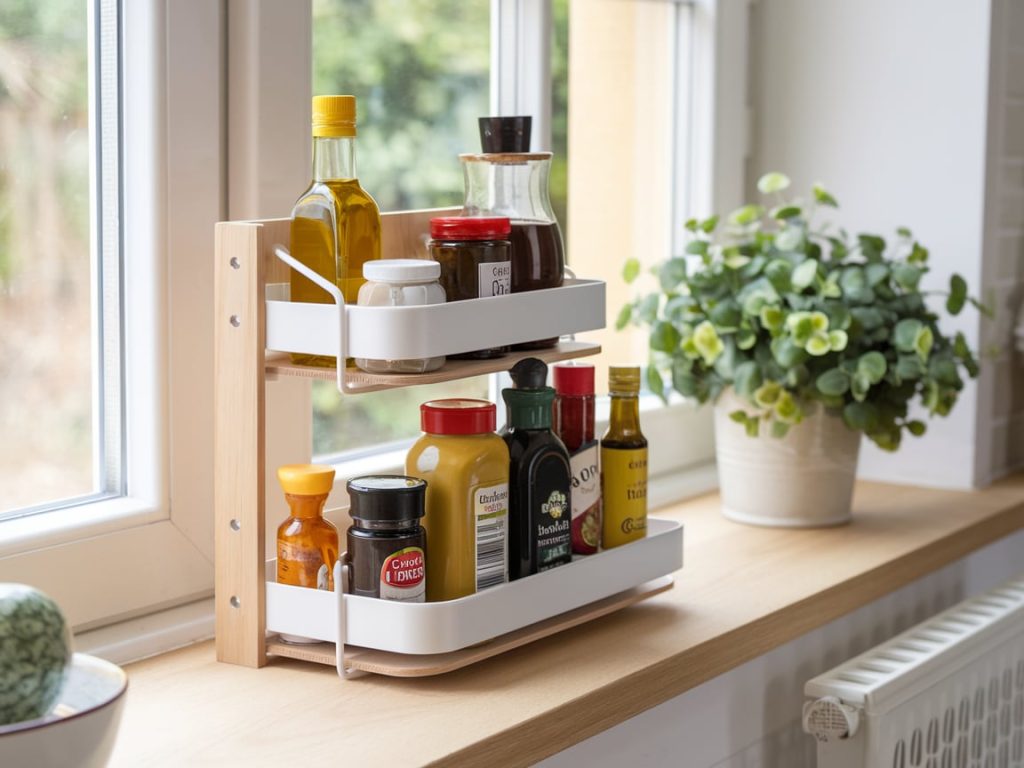 A tiered organizer for condiments and sauces