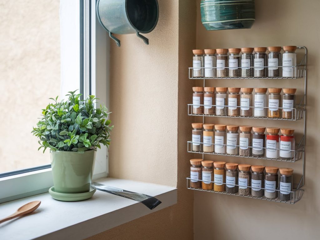 A wall-mounted spice rack near the sill to save space