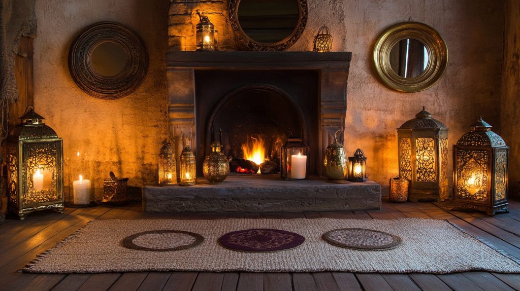 Boho Chic Fireplace with Vintage Brass Lanterns