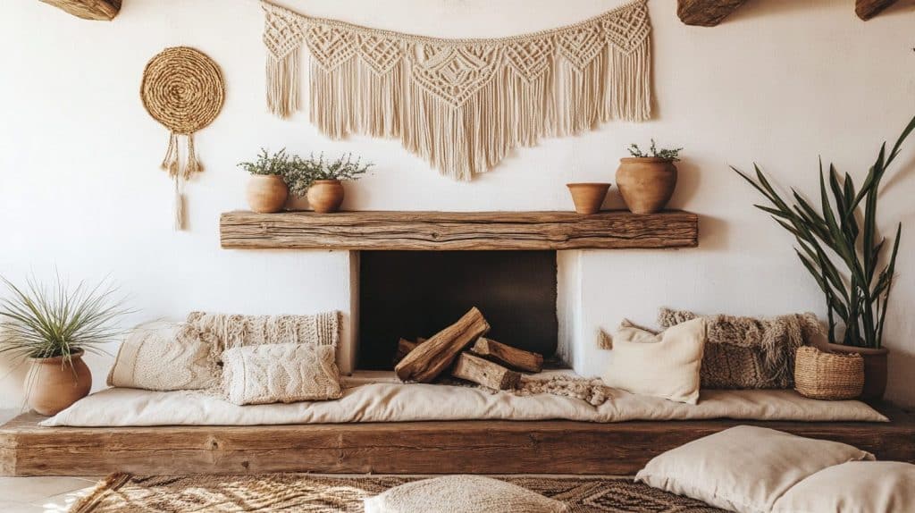 Boho Fireplace with Layered Macramé Wall Hangings