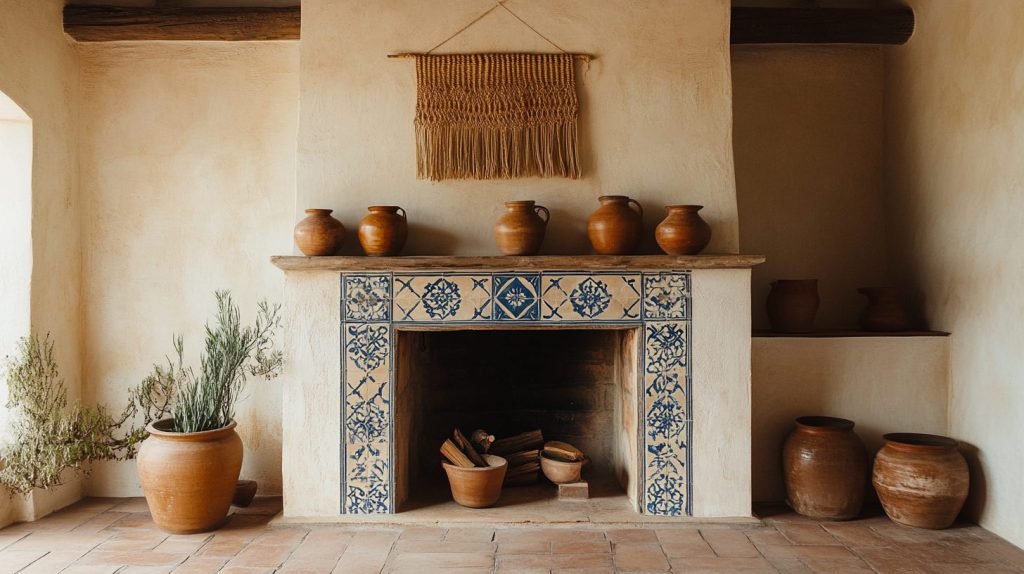 Boho Fireplace with Patterned Tile Surround