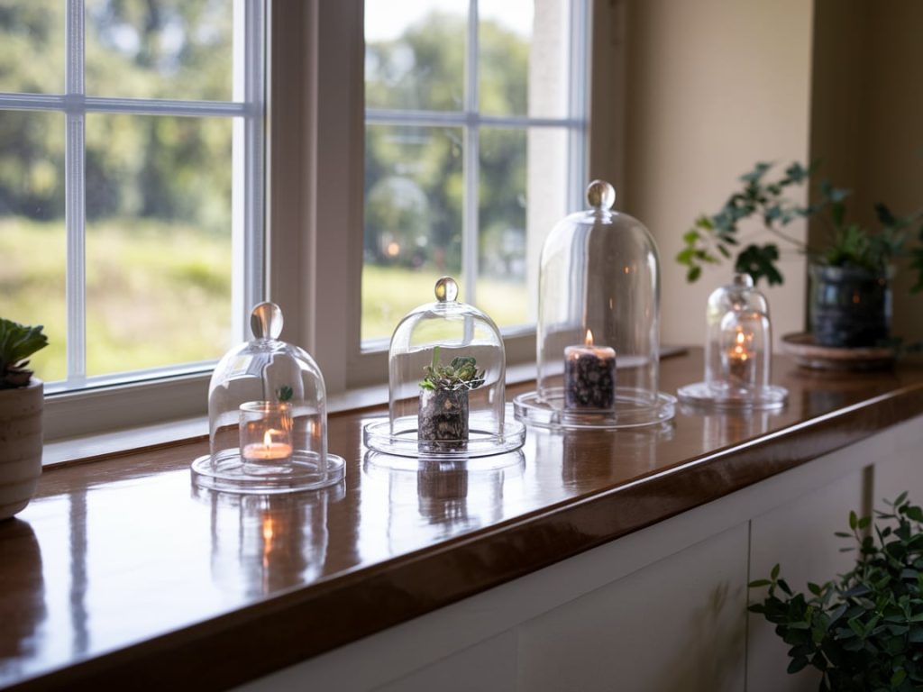 Clear glass cloches with small plants or decorative objects