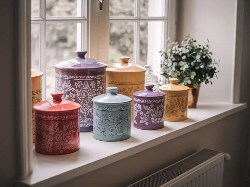 Color-coordinated decorative jars filled with pantry staples