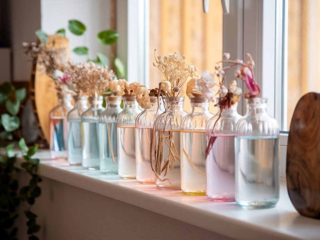 Decorative glass bottles filled with colored water for a vintage look