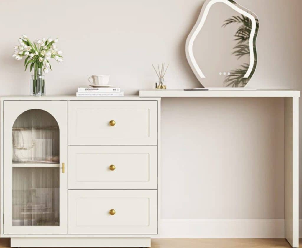 Vanity Desk with Cloud Lighted Mirror with Power Outlet and LED      Strip