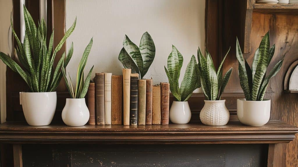 Fireplace Mantel Styled with Books, Plants, and Ceramics