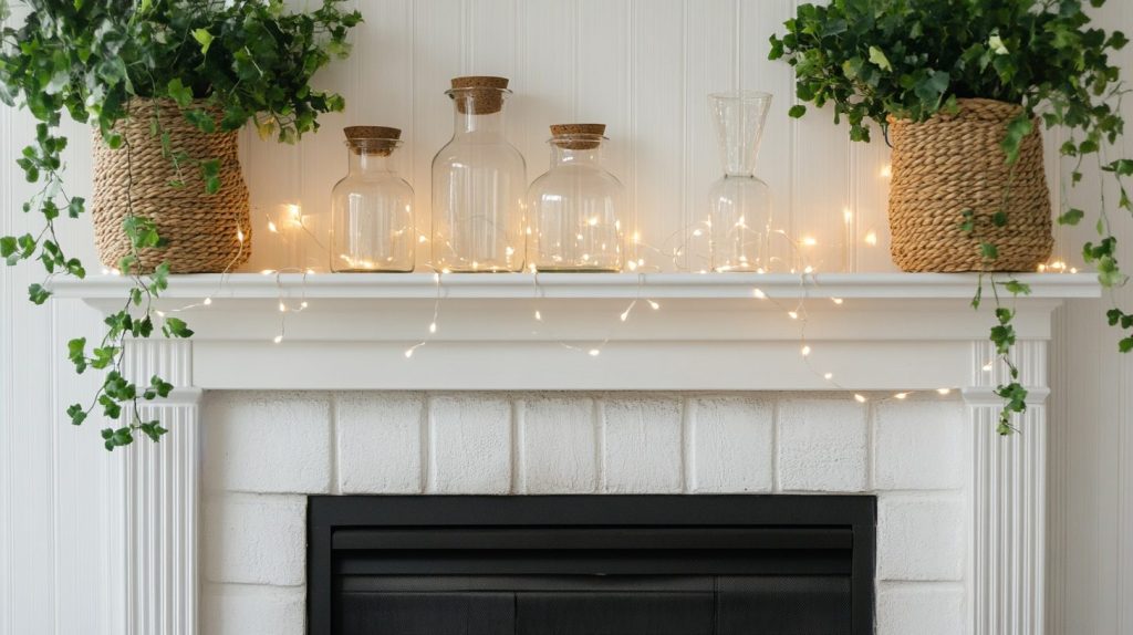 Fireplace with Hanging Planters and Fairy Lights