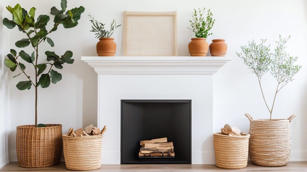 Fireplace with Rattan Accents and Woven Baskets