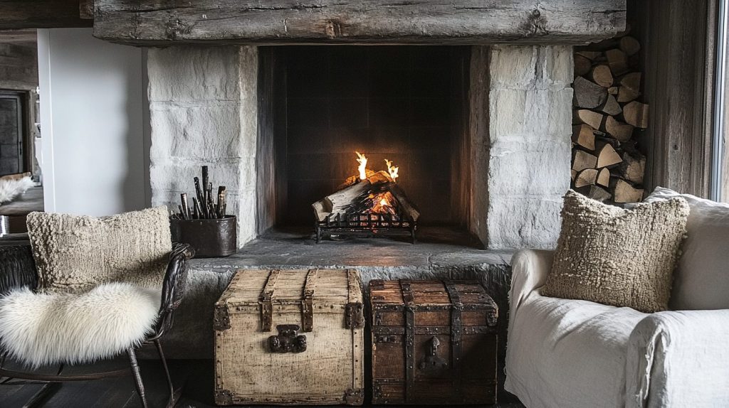 Fireplace with Vintage Trunks and Textured Pillows