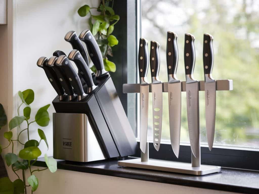 Knife block or magnetic strip for storing kitchen knives