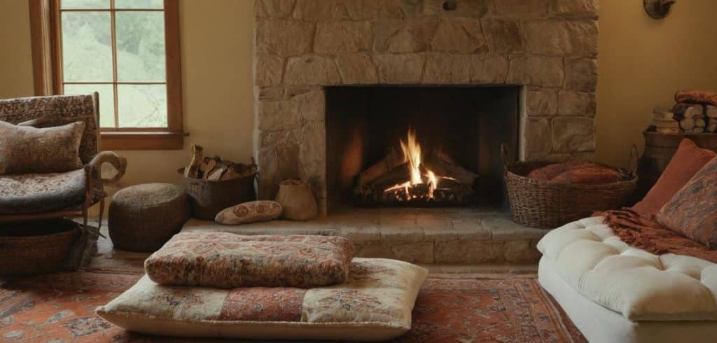 Layered Rugs and Pillows Around the Hearth