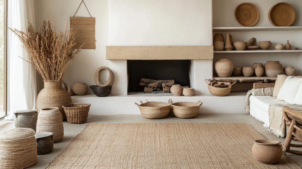 Neutral Boho Fireplace with Jute Rug and Cream Accents