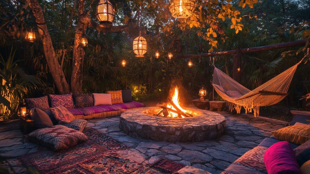 Outdoor Boho Firepit with Hammocks and Lanterns