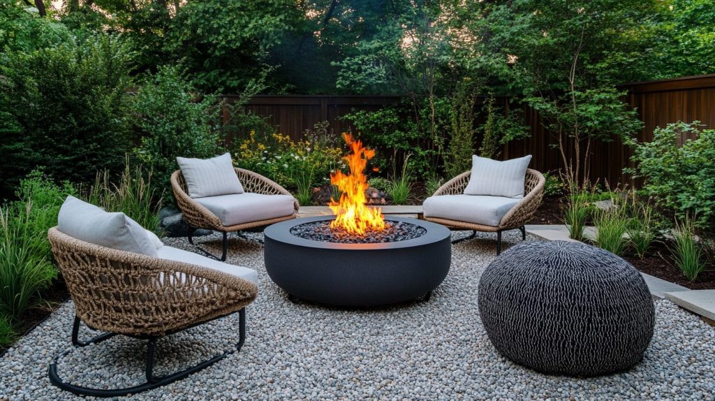 Pea Gravel And Fire Pit With Ottomans