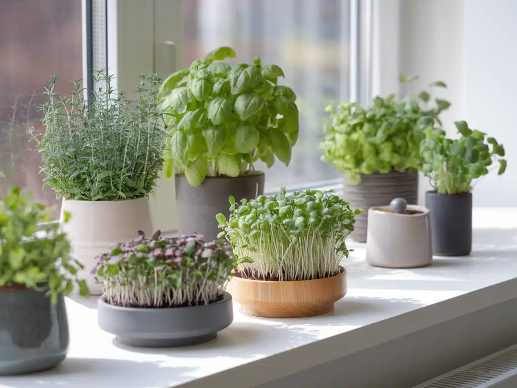 Potted herbs and microgreens for a fresh, green touch