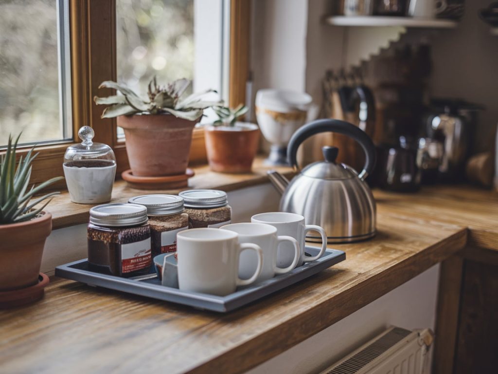 Small coffee station or tea setup with mugs and a kettle