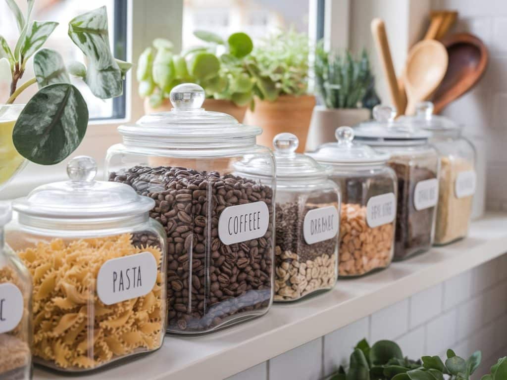 Storage jars with dry goods like pasta or coffee beans