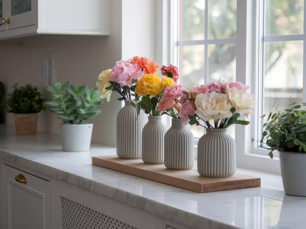 Stylish vases with fresh flowers to add elegance