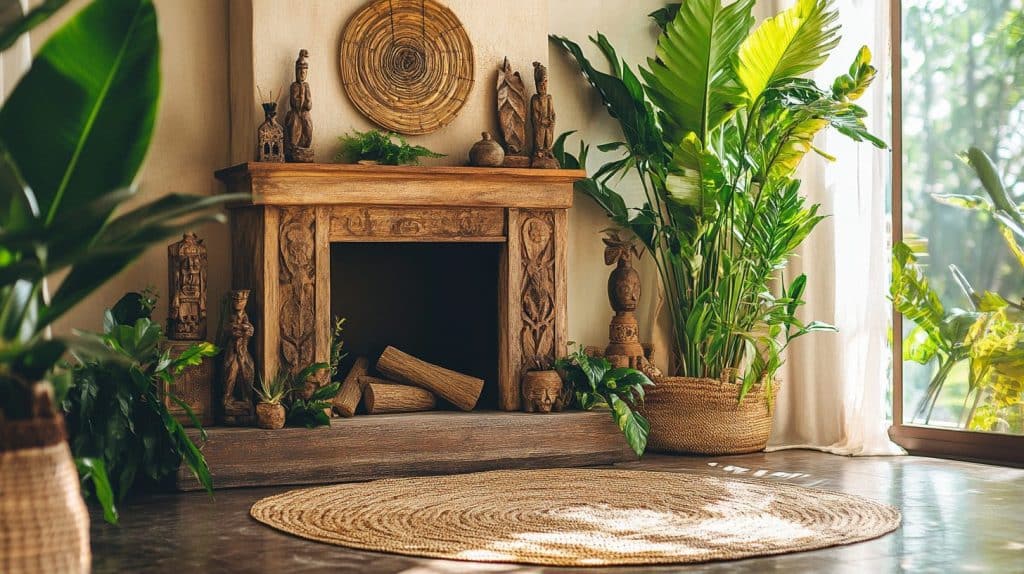 Tropical Boho Fireplace with Greenery and Bamboo Decor