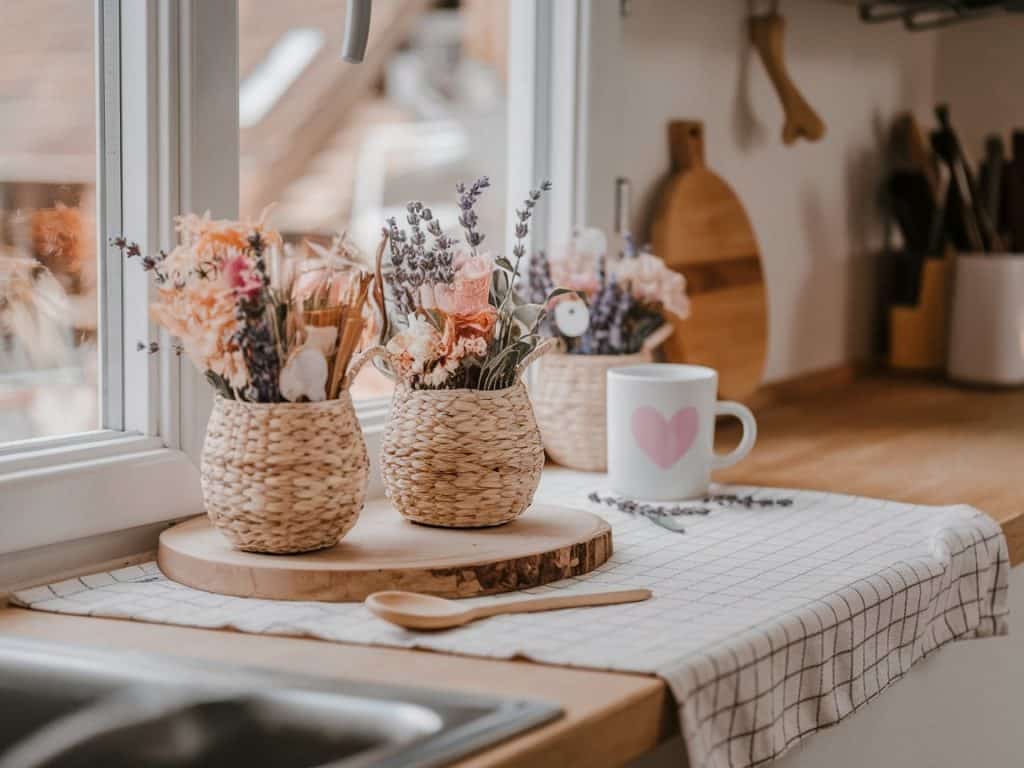 Woven baskets with dried flowers or lavender