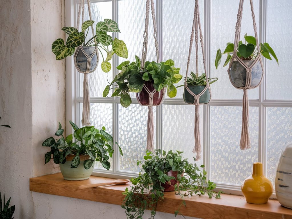 Woven or macramé plant hangers for extra flair