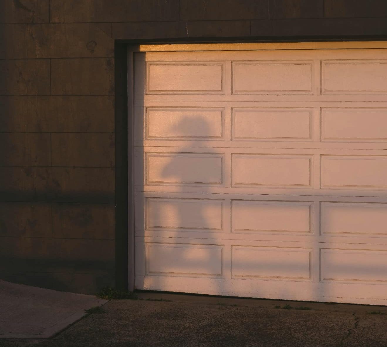 A shadow of a person walking in a garage door Description automatically generated