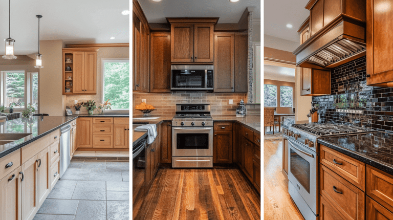 Backsplash with Oak Cabinets and Dark Countertops