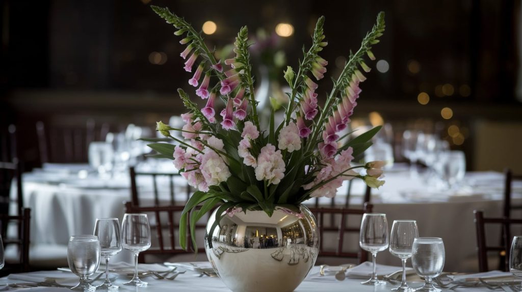 Budding Flowers in Silver Vase - Foxgloves, Snapdragons