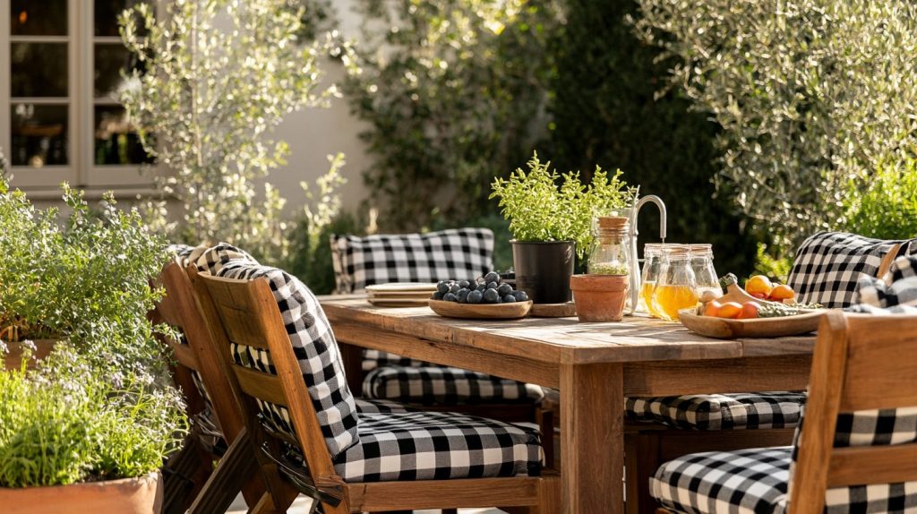 Farmhouse Patio With Checkered Cushions