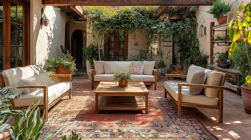 Farmhouse Patio With Cozy Outdoor Rugs