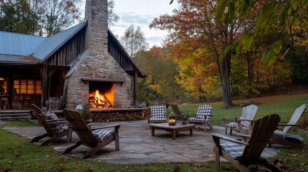 Farmhouse Patio With Stone Fireplace